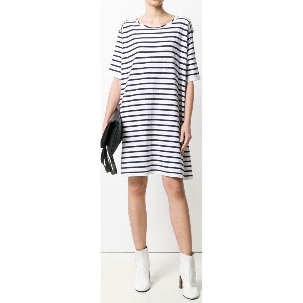 MM6 Maison Martin Margiela White and Navy Striped T-Shirt Dress